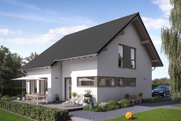 Modernes FingerHaus VIO 221 S130 mit Satteldach, klarer Fassadengestaltung und großzügiger Terrasse im Garten