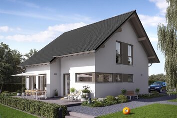 Modernes FingerHaus VIO 221 S130 mit Satteldach, klarer Fassadengestaltung und großzügiger Terrasse im Garten
