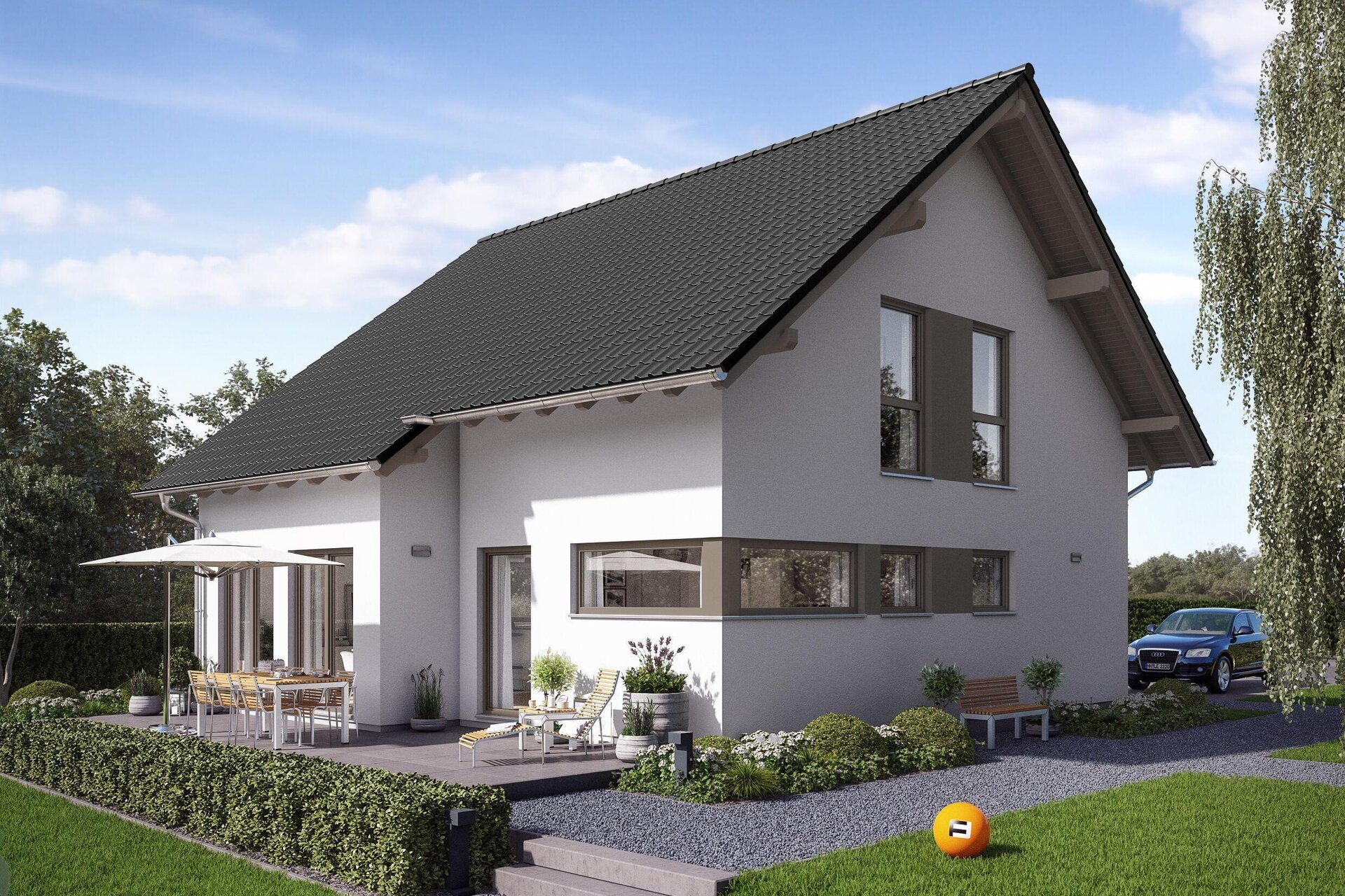 Modernes FingerHaus VIO 221 S130 mit Satteldach, klarer Fassadengestaltung und großzügiger Terrasse im Garten