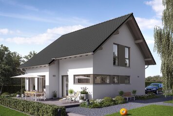 Modernes FingerHaus VIO 221 S130 mit Satteldach, klarer Fassadengestaltung und großzügiger Terrasse im Garten