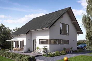 Modernes FingerHaus VIO 221 S130 mit Satteldach, klarer Fassadengestaltung und großzügiger Terrasse im Garten