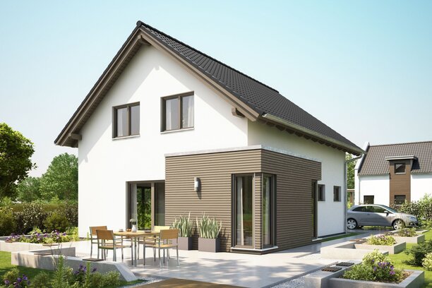 FingerHaus NEO 100 – modernes Einfamilienhaus mit Satteldach, weißer und holzfarbener Fassade sowie großer Terrasse. Im Garten sind Rasen, Pflanzbeete und Gartenmöbel sichtbar.