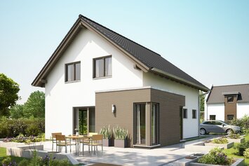FingerHaus NEO 100 – modernes Einfamilienhaus mit Satteldach, weißer und holzfarbener Fassade sowie großer Terrasse. Im Garten sind Rasen, Pflanzbeete und Gartenmöbel sichtbar.