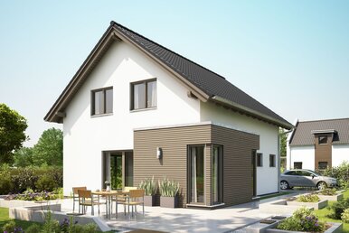 FingerHaus NEO 100 – modernes Einfamilienhaus mit Satteldach, weißer und holzfarbener Fassade sowie großer Terrasse. Im Garten sind Rasen, Pflanzbeete und Gartenmöbel sichtbar.