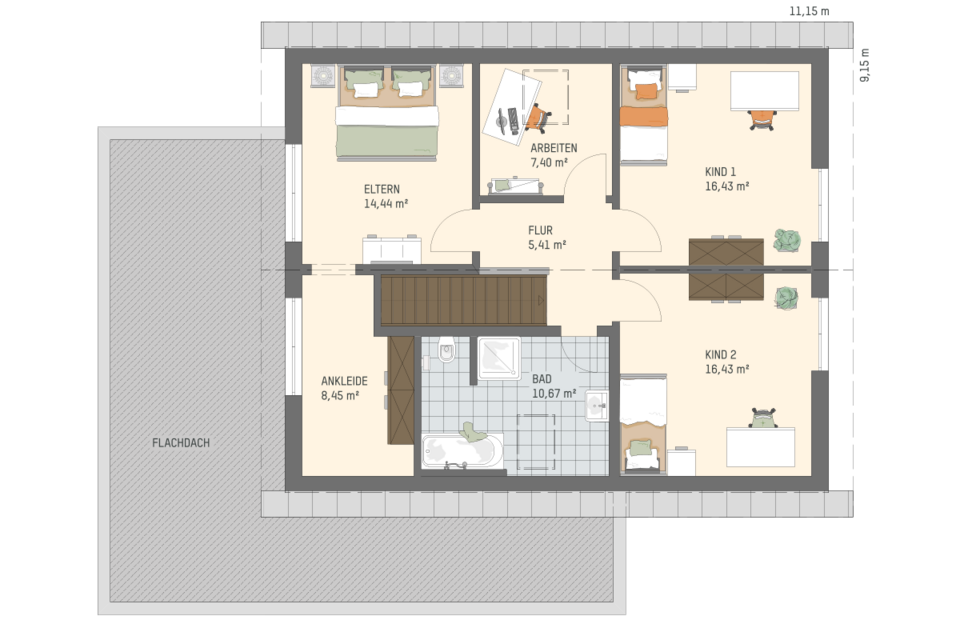 Grundriss Dachgeschoss Hausmodell ALTERO 3 mit Flur, zwei Kinderzimmern, Schlafzimmer, Arbeitszimmer und Bad.