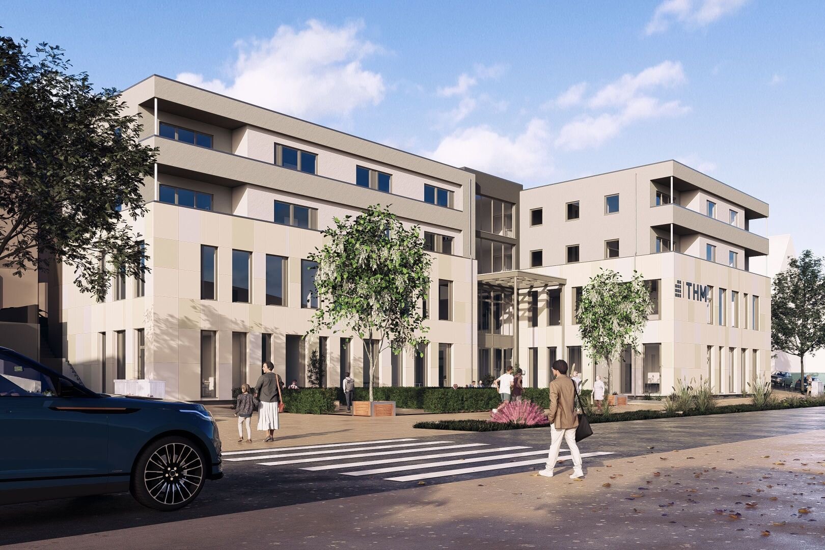 Visualisierung des Hochschulgebäudes der Technischen Hochschule Mittelhessen (THM) in Frankenberg – moderner Bildungsbau in Hybridbauweise mit klarer Fassadengestaltung.