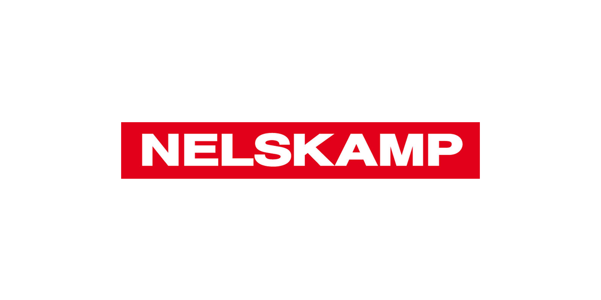 Logo „Nelskamp“ mit weißem Schriftzug auf rotem Rechteck