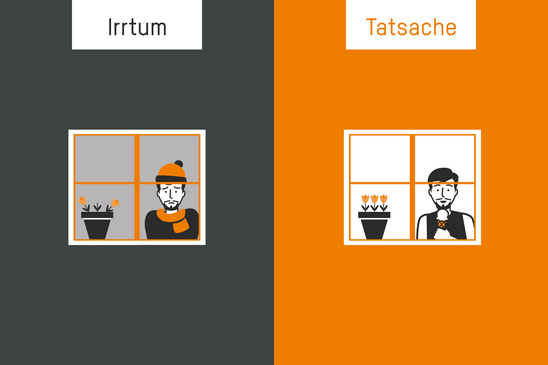 Zweigeteilte Grafik mit zwei Fenstern, links unter \'Irrtum\' eine Person mit orangefarbener Mütze und Pullover vor einem Fenster mit drei Pflanzen, rechts unter \'Tatsache\' eine Person mit schwarzem Haar und weißem Hemd vor einem Fenster mit drei Pflanzen.