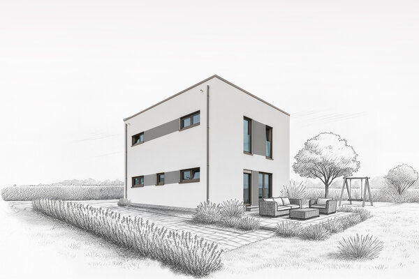 Architekturvisualisierung eines zweigeschossigen Hauses mit Flachdach, weißer Fassade, grauen Fensterbändern und Terrasse. Die Gartenlandschaft ist als schwarz-weiße Zeichnung dargestellt.