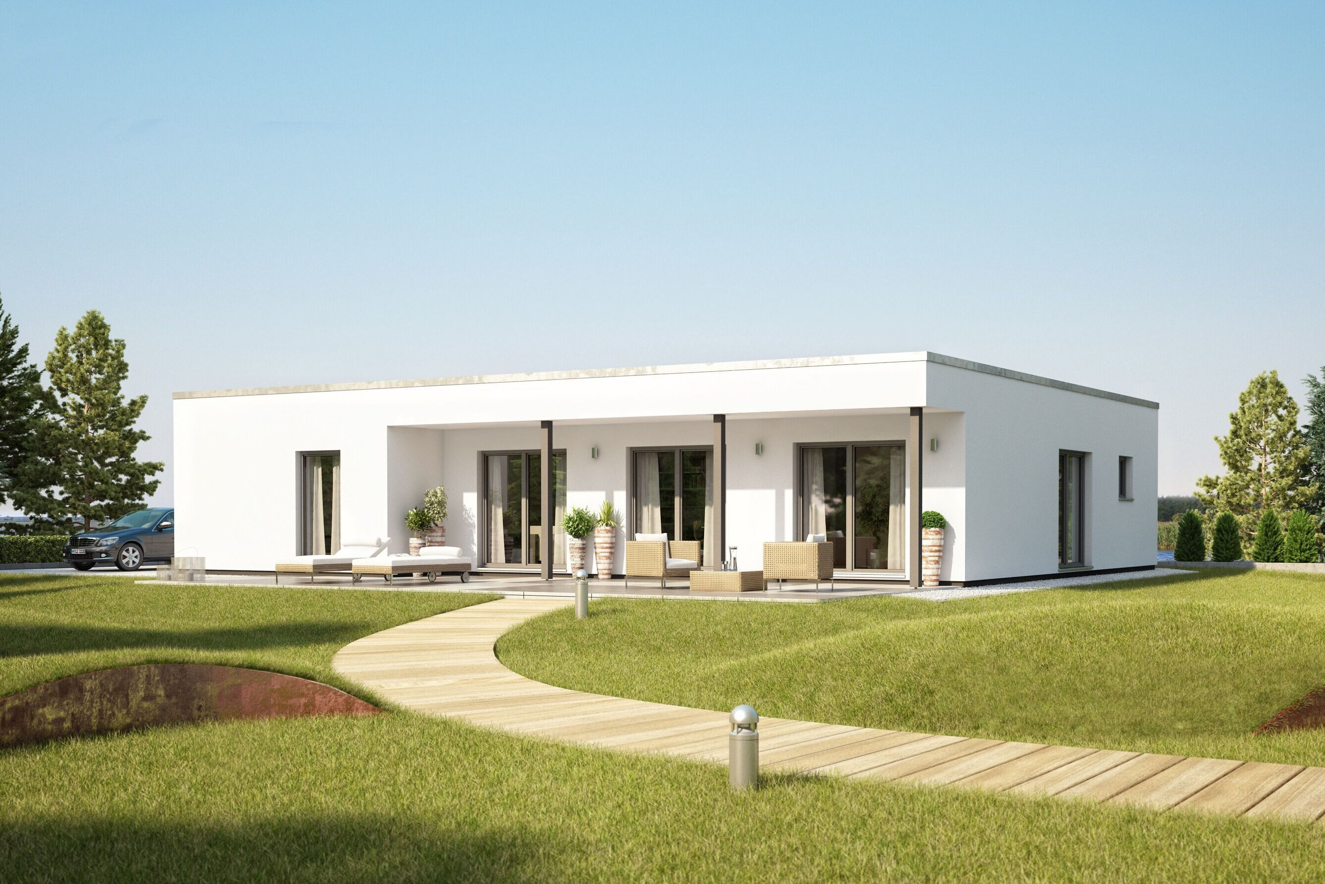 FingerHaus Bungalow NIVO 140 mit modernem Flachdach und klarer, geradliniger Architektur. Große Fensterfronten öffnen sich zur Terrasse, eingebettet in eine weitläufige, gepflegte Gartenlandschaft mit geschwungenem Weg.