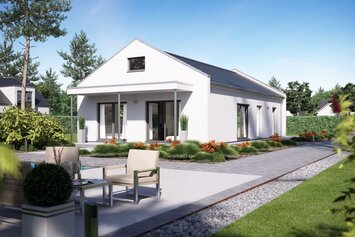 Visualisierung eines weißen Einfamilienhauses mit Satteldach, großer Terrasse und Gartenanlage bei sonnigem Himmel.