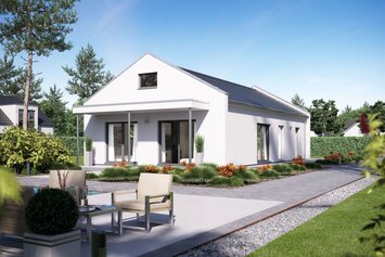 Visualisierung eines weißen Einfamilienhauses mit Satteldach, großer Terrasse und Gartenanlage bei sonnigem Himmel.
