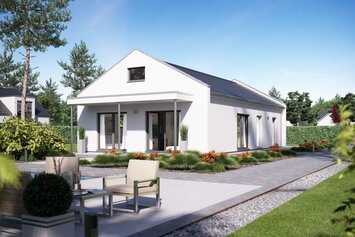 Visualisierung eines weißen Einfamilienhauses mit Satteldach, großer Terrasse und Gartenanlage bei sonnigem Himmel.