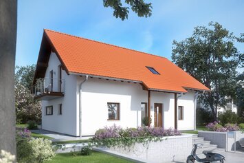 FingerHaus VIO 500 – Einfamilienhaus mit rotem Satteldach, heller Fassade und braunen Akzenten. Im Vordergrund eine gepflasterte Einfahrt mit Motorrad und ein gepflegter Garten mit Rasen und Blumen.