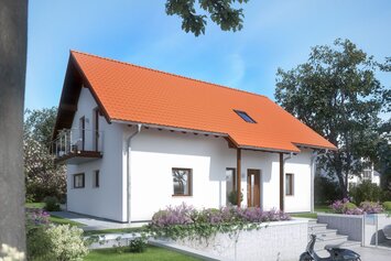 FingerHaus VIO 500 – Einfamilienhaus mit rotem Satteldach, heller Fassade und braunen Akzenten. Im Vordergrund eine gepflasterte Einfahrt mit Motorrad und ein gepflegter Garten mit Rasen und Blumen.