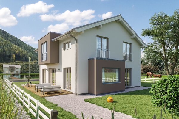 FingerHaus SENTO 500 – zweigeschossiges Einfamilienhaus mit Satteldach, heller Fassade und braunen Akzenten. Zu sehen sind ein seitlicher Fassadenversatz, ein Erker mit Flachdach und große Fenster. Im Vordergrund Garten mit Rasen und Weg.