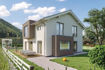 FingerHaus SENTO 500 – zweigeschossiges Einfamilienhaus mit Satteldach, heller Fassade und braunen Akzenten. Zu sehen sind ein seitlicher Fassadenversatz, ein Erker mit Flachdach und große Fenster. Im Vordergrund Garten mit Rasen und Weg.