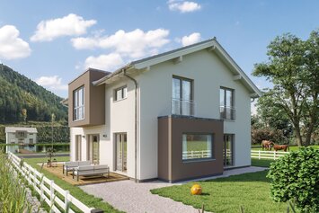 FingerHaus SENTO 500 – zweigeschossiges Einfamilienhaus mit Satteldach, heller Fassade und braunen Akzenten. Zu sehen sind ein seitlicher Fassadenversatz, ein Erker mit Flachdach und große Fenster. Im Vordergrund Garten mit Rasen und Weg.