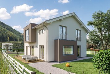 FingerHaus SENTO 500 – zweigeschossiges Einfamilienhaus mit Satteldach, heller Fassade und braunen Akzenten. Zu sehen sind ein seitlicher Fassadenversatz, ein Erker mit Flachdach und große Fenster. Im Vordergrund Garten mit Rasen und Weg.