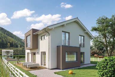 FingerHaus SENTO 500 – zweigeschossiges Einfamilienhaus mit Satteldach, heller Fassade und braunen Akzenten. Zu sehen sind ein seitlicher Fassadenversatz, ein Erker mit Flachdach und große Fenster. Im Vordergrund Garten mit Rasen und Weg.