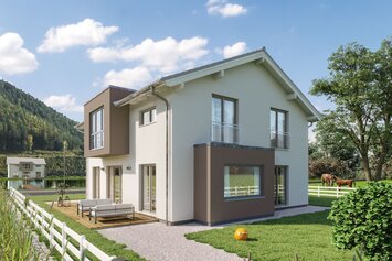 FingerHaus SENTO 500 – zweigeschossiges Einfamilienhaus mit Satteldach, heller Fassade und braunen Akzenten. Zu sehen sind ein seitlicher Fassadenversatz, ein Erker mit Flachdach und große Fenster. Im Vordergrund Garten mit Rasen und Weg.