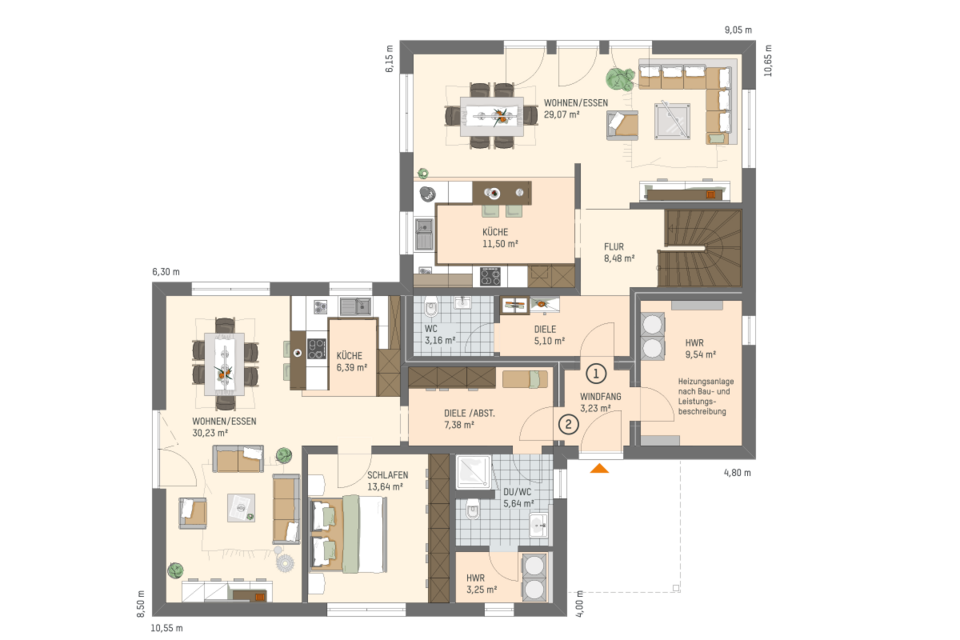 Grundriss Erdgeschoss mit Wohn- und Essbereich, Küche, Arbeitszimmer, Schlafzimmer, Diele, Fluren, zwei Bädern, Hauswirtschaftsraum und Treppe