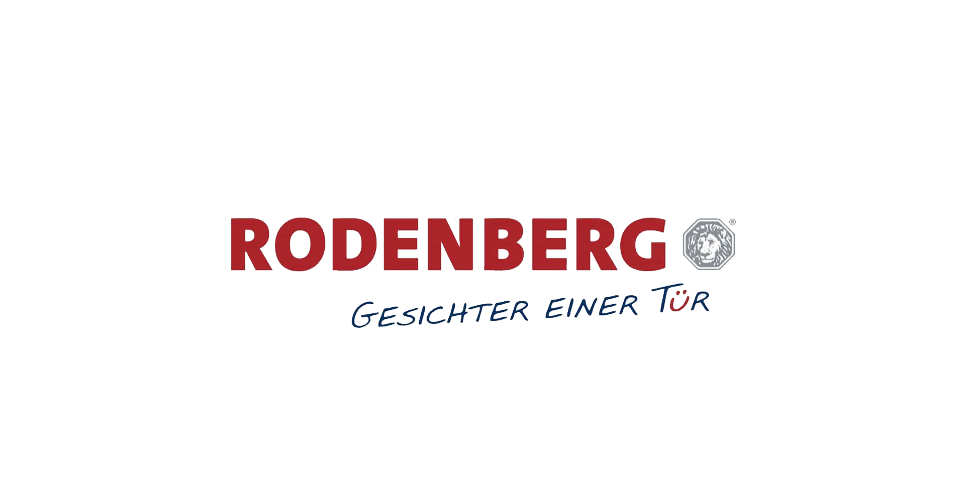 Logo „RODENBERG“ mit rotem Schriftzug und Zusatz „Gesichter einer Tür“ sowie kleinem Symbol