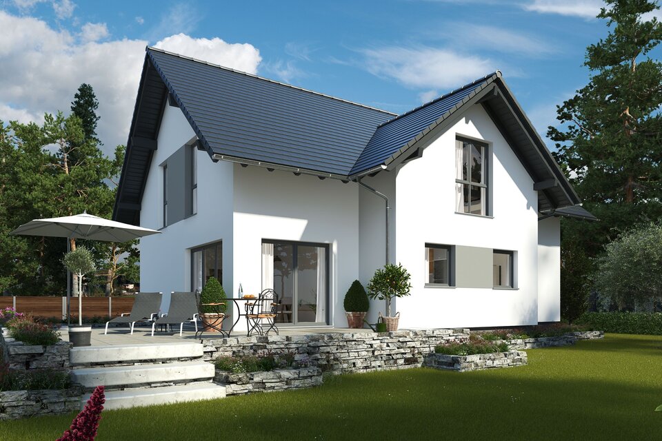 FingerHaus ALTERO 2 – Einfamilienhaus mit Einliegerwohnung, Satteldach, heller Putzfassade und dunklen Fensterrahmen. Im Garten befinden sich Terrasse, Rasenfläche, Blumenbeete und Gartenmöbel.