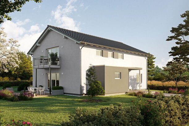 FingerHaus LUMIS 200 – modernes Einfamilienhaus mit Satteldach, heller Fassade und Balkon. Im Vordergrund sind eine gepflasterte Zufahrt, Rasenfläche und Hecken zu sehen.