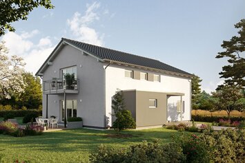 FingerHaus LUMIS 200 – modernes Einfamilienhaus mit Satteldach, heller Fassade und Balkon. Im Vordergrund sind eine gepflasterte Zufahrt, Rasenfläche und Hecken zu sehen.