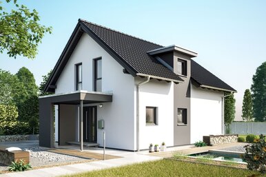 FingerHaus NEO 100 – zweigeschossiges Einfamilienhaus mit dunklem Satteldach, heller Fassade und überdachtem Eingangsbereich. Vor dem Haus liegt eine Rasenfläche mit gepflastertem Weg und Beeten.