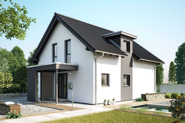 FingerHaus NEO 100 – zweigeschossiges Einfamilienhaus mit dunklem Satteldach, heller Fassade und überdachtem Eingangsbereich. Vor dem Haus liegt eine Rasenfläche mit gepflastertem Weg und Beeten.