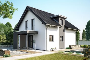 FingerHaus NEO 100 – zweigeschossiges Einfamilienhaus mit dunklem Satteldach, heller Fassade und überdachtem Eingangsbereich. Vor dem Haus liegt eine Rasenfläche mit gepflastertem Weg und Beeten.