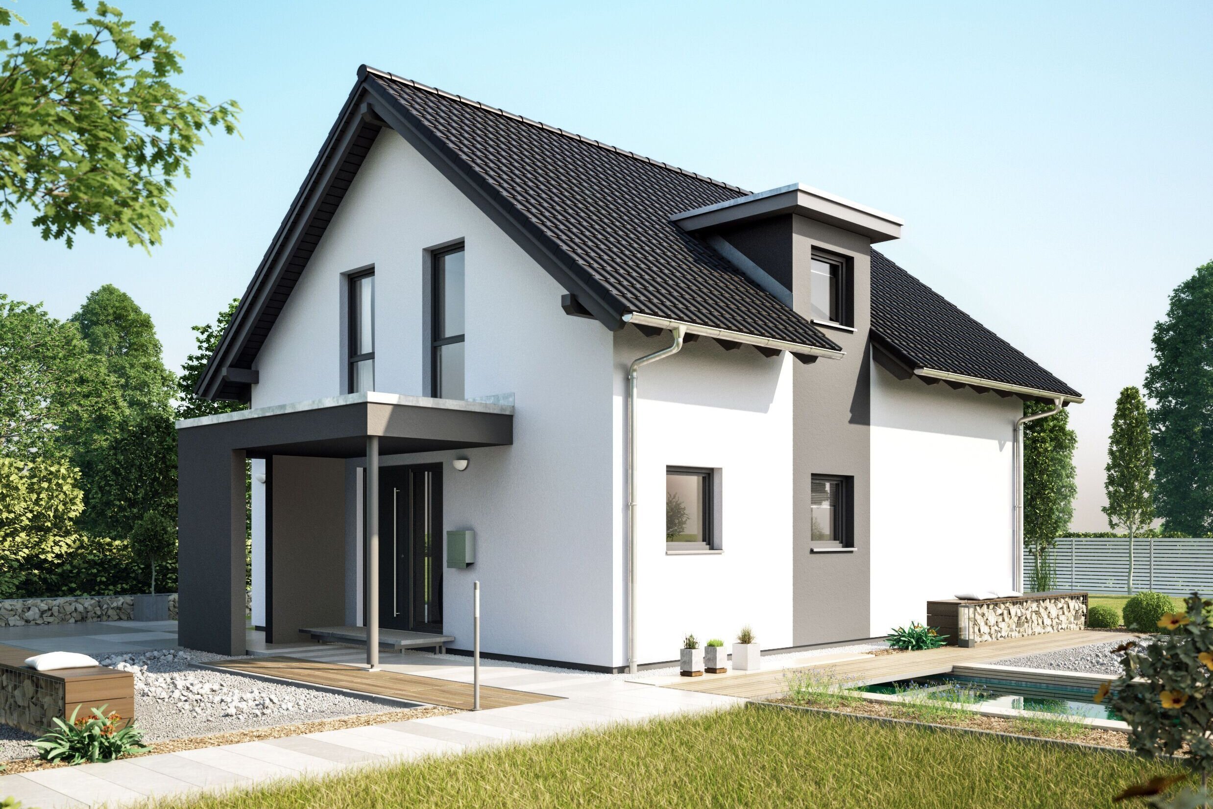 FingerHaus NEO 100 – zweigeschossiges Einfamilienhaus mit dunklem Satteldach, heller Fassade und überdachtem Eingangsbereich. Vor dem Haus liegt eine Rasenfläche mit gepflastertem Weg und Beeten.