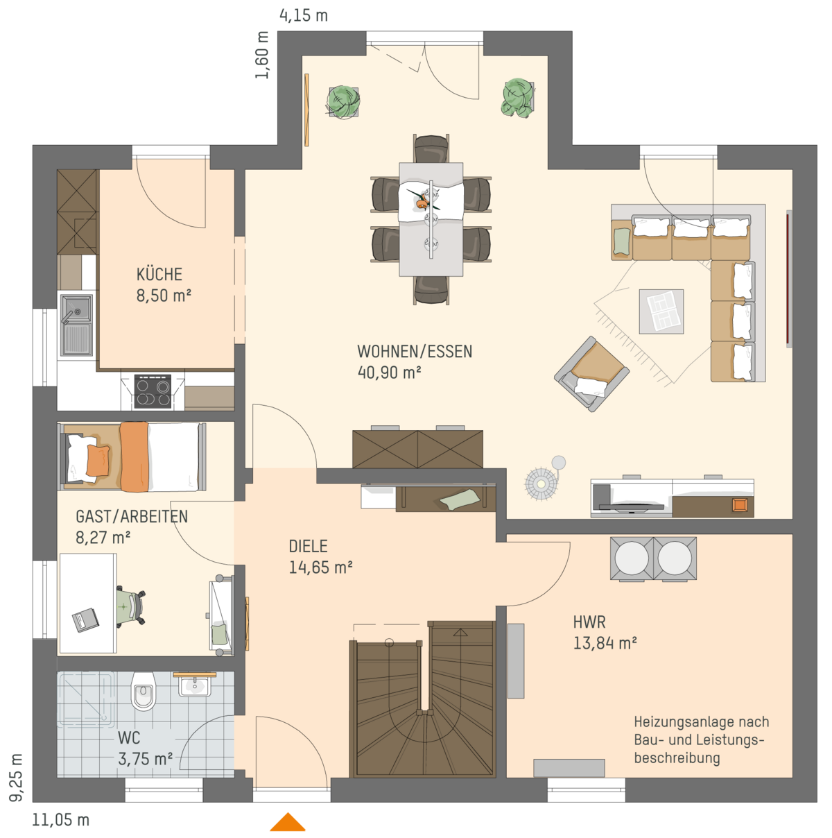 Grundriss des FingerHaus Einfamilienhauses MEDLEY 411 D mit beschrifteten Räumen wie Küche, Wohnen/Essen, Gast/Arbeiten, Diele, HWR und WC sowie eingezeichneten Möbeln und Treppe.