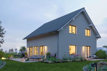 FingerHaus SENTO 400 – Einfamilienhaus mit Satteldach, heller Fassade, bodentiefen Fenstern und seitlichem Erkeranbau. Garten mit Rasen, Terrasse und Beeten in sanfter Abendstimmung.