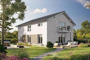 FingerHaus LUMIS 200 – zweigeschossiges Einfamilienhaus mit Satteldach, heller Fassade und Balkon. Im Vordergrund ein geschwungener Kiesweg, Rasen und bepflanzte Beete.
