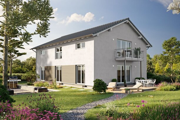 FingerHaus LUMIS 200 – zweigeschossiges Einfamilienhaus mit Satteldach, heller Fassade und Balkon. Im Vordergrund ein geschwungener Kiesweg, Rasen und bepflanzte Beete.