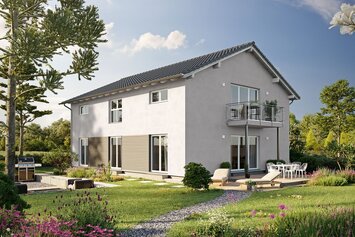 FingerHaus LUMIS 200 – zweigeschossiges Einfamilienhaus mit Satteldach, heller Fassade und Balkon. Im Vordergrund ein geschwungener Kiesweg, Rasen und bepflanzte Beete.