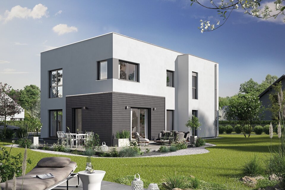 Fotorealistische Visualisierung des modernen FingerHaus AT 200 mit klarer, kubischer Architektur. Das Haus steht in einem weitläufigen Garten mit Terrasse, Liegestühlen und Naturteich unter blauem Himmel.  