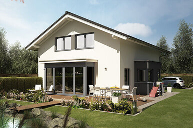 Hauskonzept MEDLEY 300 B S160 von FingerHaus mit überdachter Terrasse.