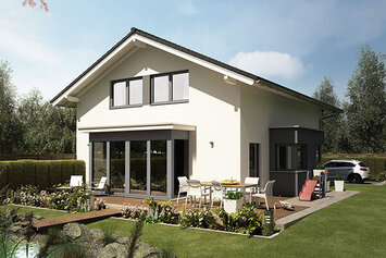 Hauskonzept MEDLEY 300 B S160 von FingerHaus mit überdachter Terrasse.