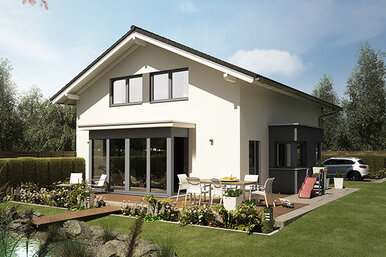 Hauskonzept MEDLEY 300 B S160 von FingerHaus mit überdachter Terrasse.