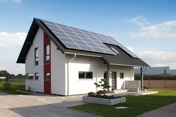 Modernes Einfamilienhaus mit rotem Fassadenelement und großer Photovoltaikanlage auf dem Dach – Musterhaus VIO 400 in Köln.