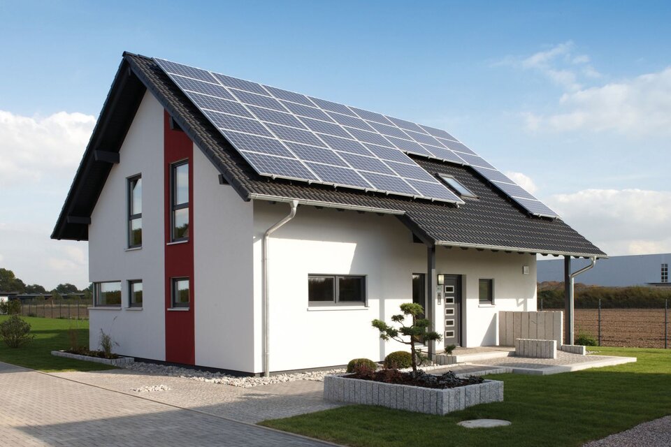 Modernes Einfamilienhaus mit rotem Fassadenelement und großer Photovoltaikanlage auf dem Dach – Musterhaus VIO 400 in Köln.