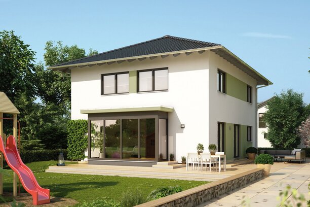 Außenanicht des Hauskonzepts MEDLEY 400 B W von FingerHaus mit modernem, klaren Baustil.