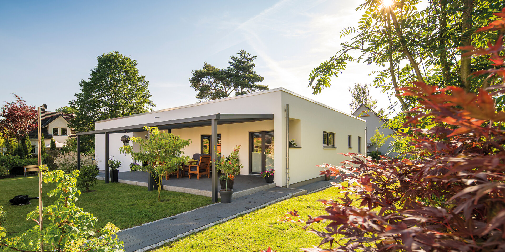 Bungalow mit Flachdach und überdachter Terrasse in einem sonnigen Garten mit Bäumen und Sträuchern