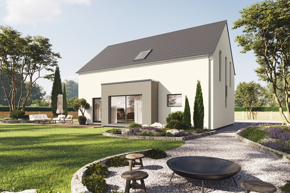Fertighaus FingerHaus LIV 300 mit heller Fassade, Satteldach und rund angelegtem Gartenbereich mit Steinterrasse und Bepflanzung.