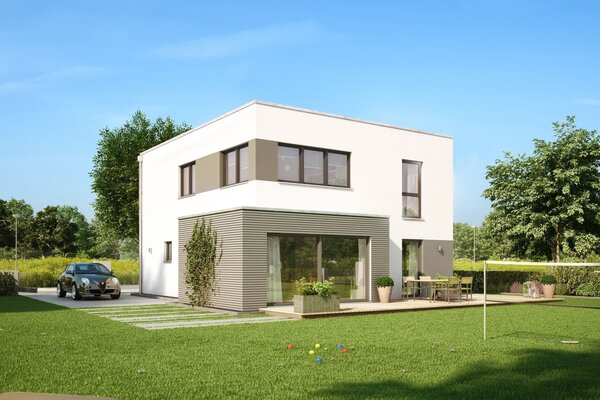 FingerHaus MEDLEY 300 – zweigeschossiges Einfamilienhaus mit Flachdach, heller Putzfassade und großen Fenstern. Im Vordergrund eine Rasenfläche mit Tisch, Stühlen und Pflanzen, im Hintergrund Bäume und blauer Himmel.