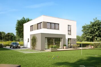 FingerHaus MEDLEY 300 – zweigeschossiges Einfamilienhaus mit Flachdach, heller Putzfassade und großen Fenstern. Im Vordergrund eine Rasenfläche mit Tisch, Stühlen und Pflanzen, im Hintergrund Bäume und blauer Himmel.
